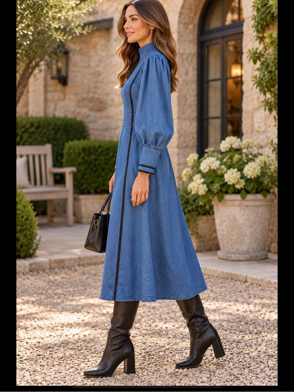 NWT ATTRIME Denim Midi Dress Puff Sleeve High Neck Black Trim Equestrian L/XL - Picture 4 of 16